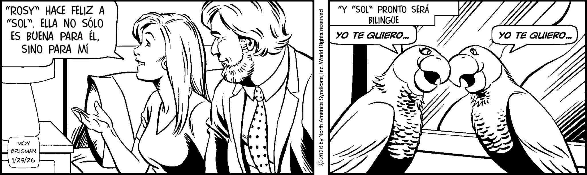Fiction OCR: "ROSY" HACE FELIZ A "SOL". ELLA NO SÓLO ES BUENA PARA ÉLSINO PARA MÍ MOY BRIGMAN 1/29/26 2026 by North America SyndicateInc. World Rights reserved "Y "SOL" PRONTO SERÁ BILINGÜE YO TE QUIERO... YO TE QUIERO... " ROSY " HACE FELIZ A " SOL " . ELLA NO SÓLO ES BUENA PARA ÉLSINO PARA MÍ MOY BRIGMAN 1/29/26 2026 by North America SyndicateInc. World Rights reserved " Y " SOL " PRONTO SERÁ BILINGÜE YO TE QUIERO ... YO TE QUIERO ...