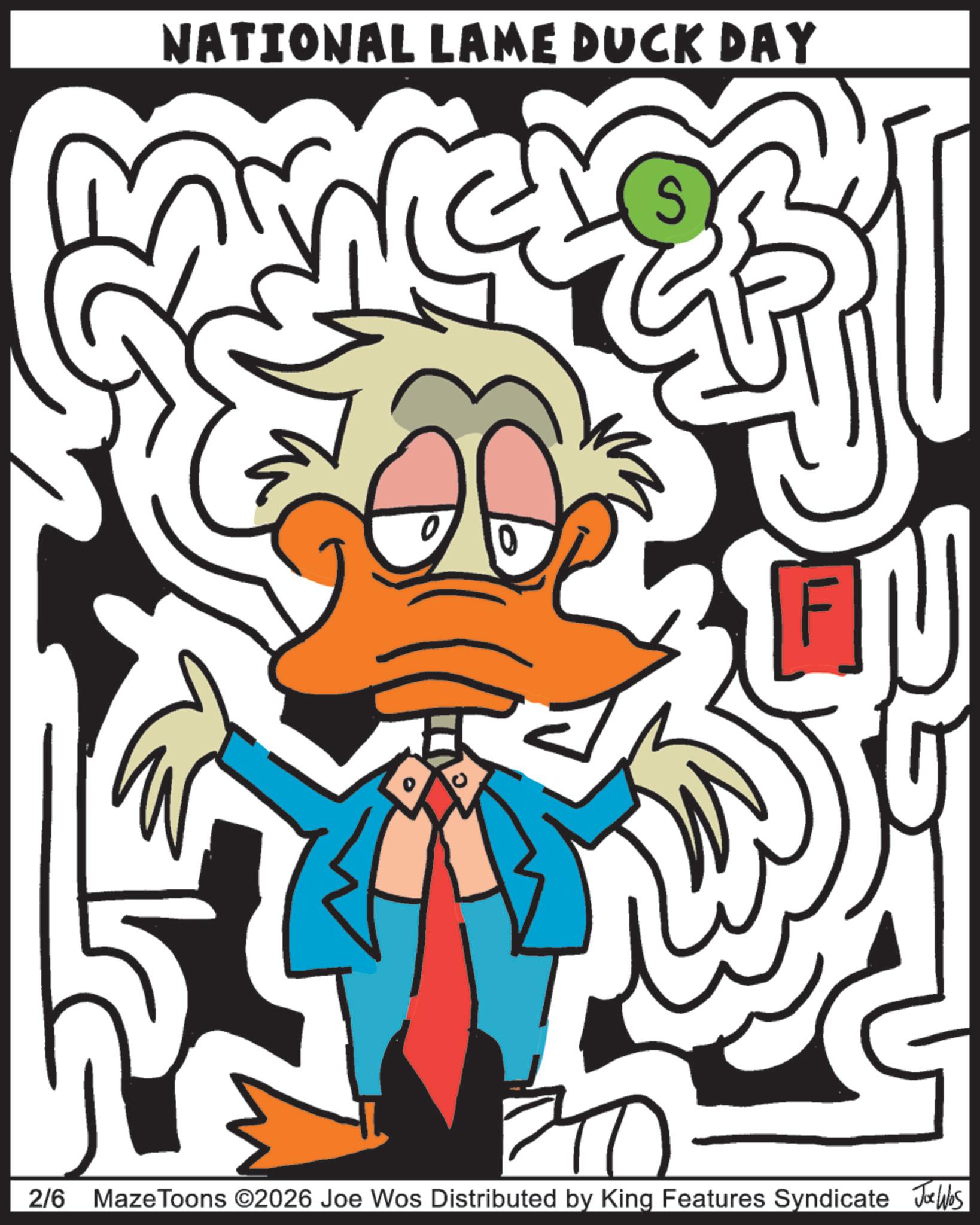Animation OCR: NATIONAL LAME DUCK DAY u 2/6 MazeToons ©2026 Joe Wos Distributed by King Features Syndicate Jehls NATIONAL LAME DUCK DAY u 2/6 MazeToons © 2026 Joe Wos Distributed by King Features Syndicate Jehls