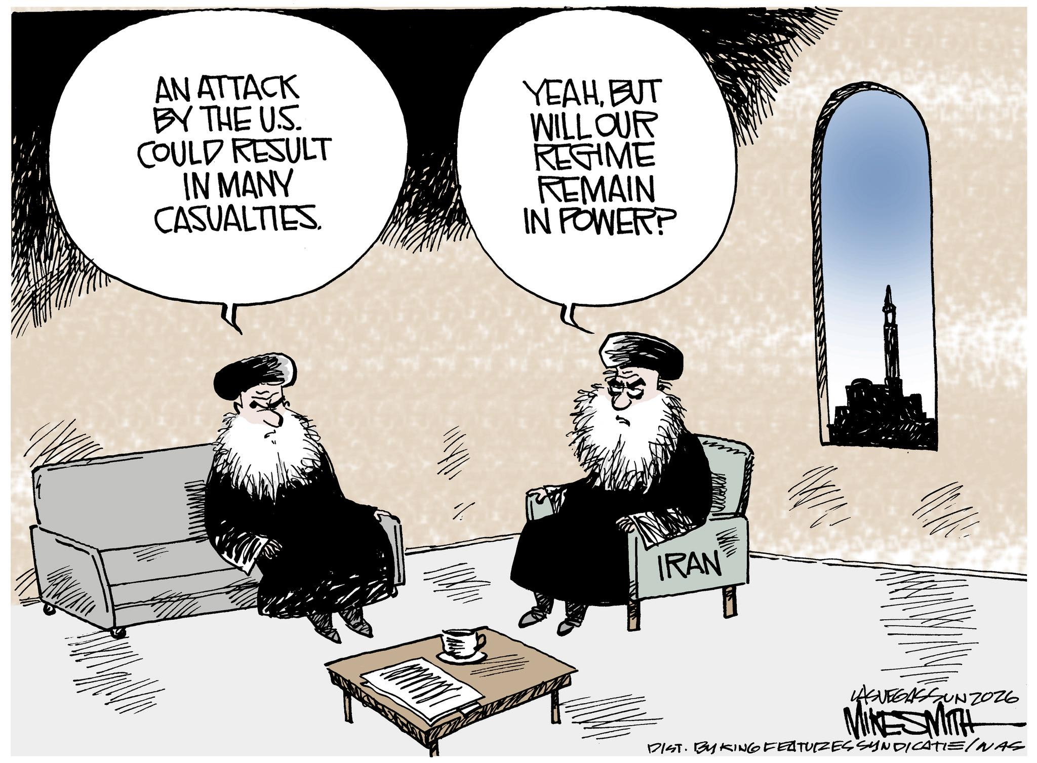 Beard OCR: AN ATTACK BY THE U.S. COULD RESULT IN MANY CASUALTIES. YEAHBUT WILL OUR REGIME REMAIN IN POWER? IRAN LASVEGASSUNZ026 MINESMITH DIST. BY KING FEATURES SYNDICATIE/NAS AN ATTACK BY THE U.S. COULD RESULT IN MANY CASUALTIES . YEAHBUT WILL OUR REGIME REMAIN IN POWER ? IRAN LASVEGASSUNZ026 MINESMITH DIST . BY KING FEATURES SYNDICATIE / NAS