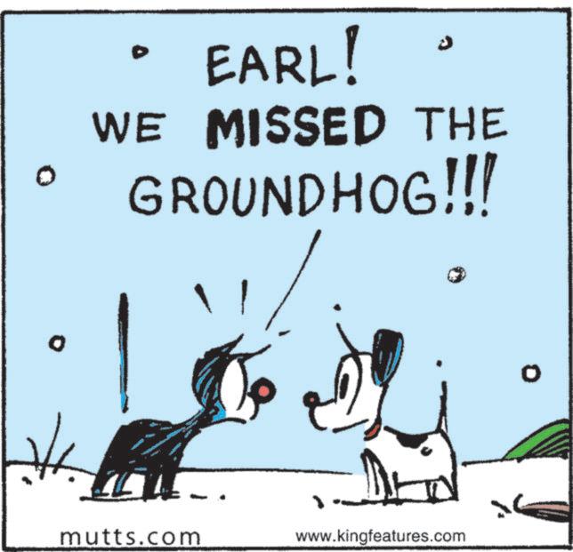Animated cartoon OCR: 0 EARL! 0 WE MISSED THE GROUNDHOG!!! ?? mutts.com www.kingfeatures.com 0 EARL ! 0 WE MISSED THE GROUNDHOG !!! ?? mutts.com www.kingfeatures.com