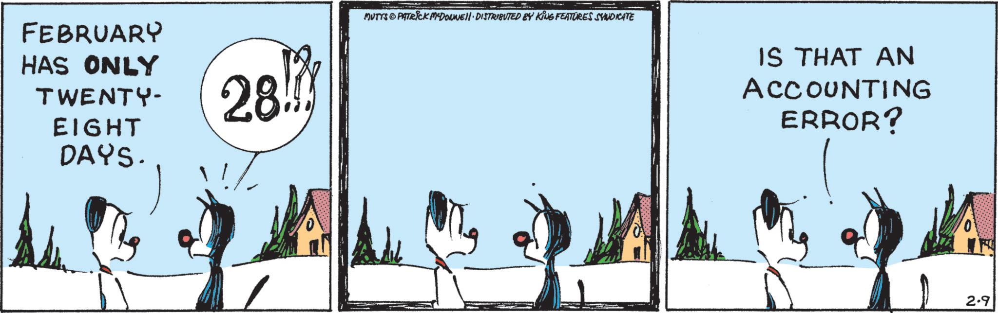 Fictional character OCR: FEBRUARY HAS ONLY TWENTY- EIGHT DAYS. 28 MUTTS PATRICK MYDOWWEll - DISTRIBUTED BY KING FEATURES SYNDICATE IS THAT AN ACCOUNTING ERROR? 2.9 FEBRUARY HAS ONLY TWENTY- EIGHT DAYS . 28 MUTTS PATRICK MYDOWWEll - DISTRIBUTED BY KING FEATURES SYNDICATE IS THAT AN ACCOUNTING ERROR ? 2.9