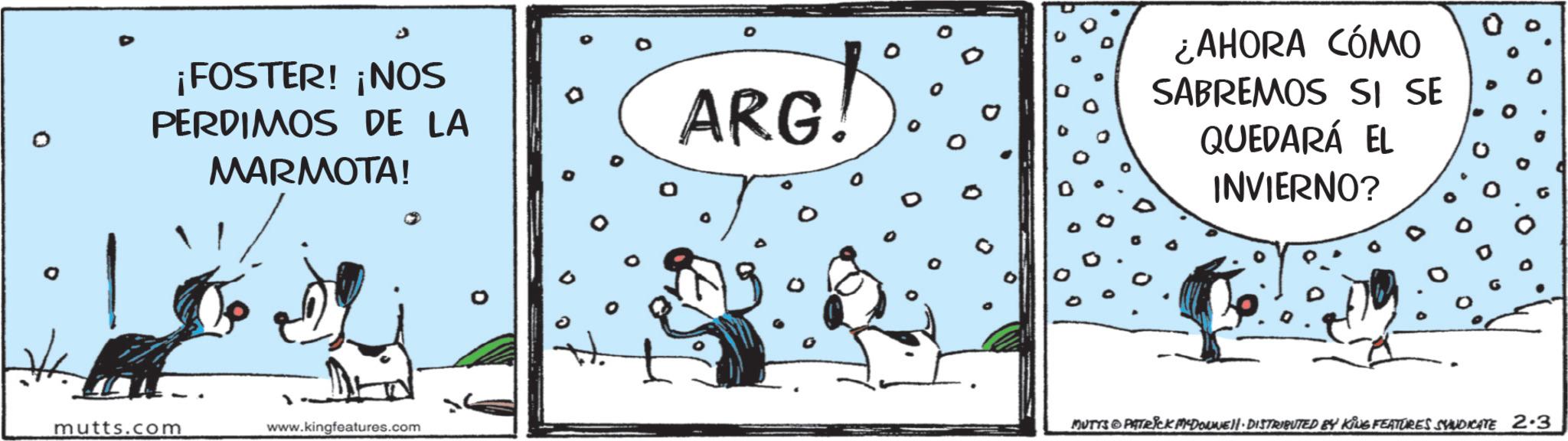 Comic book OCR: 0 ¡FOSTER! ¡NOS PERDIMOS DE LA MARMOTA! G! ARG! mutts.com www.kingfeatures.com ¿AHORA CÓMO SABREMOS SI SE QUEDARÁ EL INVIERNO? MUTYS PATRICK MEDOWNE· DISTRIBUTED BY KING FEATURES SYNDICATE 2.3 0 ¡ FOSTER ! ¡ NOS PERDIMOS DE LA MARMOTA ! G ! ARG ! mutts.com www.kingfeatures.com ¿ AHORA CÓMO SABREMOS SI SE QUEDARÁ EL INVIERNO ? MUTYS PATRICK MEDOWNE · DISTRIBUTED BY KING FEATURES SYNDICATE 2.3