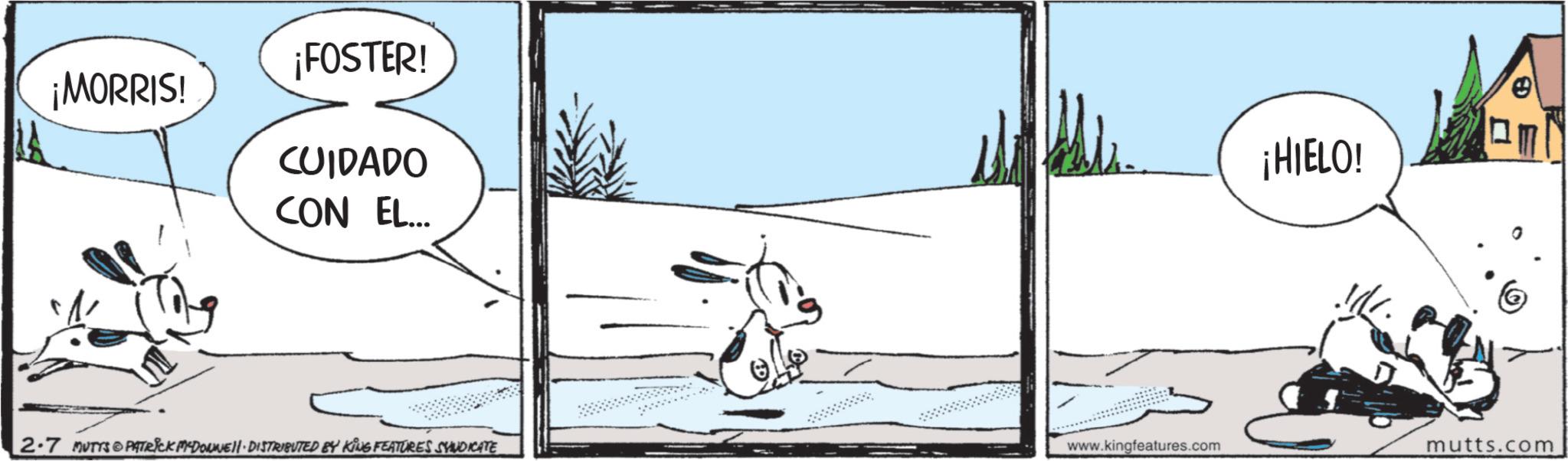 Animated cartoon OCR: ¡FOSTER! ¡MORRIS! CUIDADO CON EL... ¡HIELO! @ 2-7 MUTTS PATRICK MYDONNEN. DISTRIBUTED BY KING FEATURES SYNDICATE www.kingfeatures.com mutts.com ¡ FOSTER ! ¡ MORRIS ! CUIDADO CON EL ... ¡ HIELO ! @ 2-7 MUTTS PATRICK MYDONNEN . DISTRIBUTED BY KING FEATURES SYNDICATE www.kingfeatures.com mutts.com