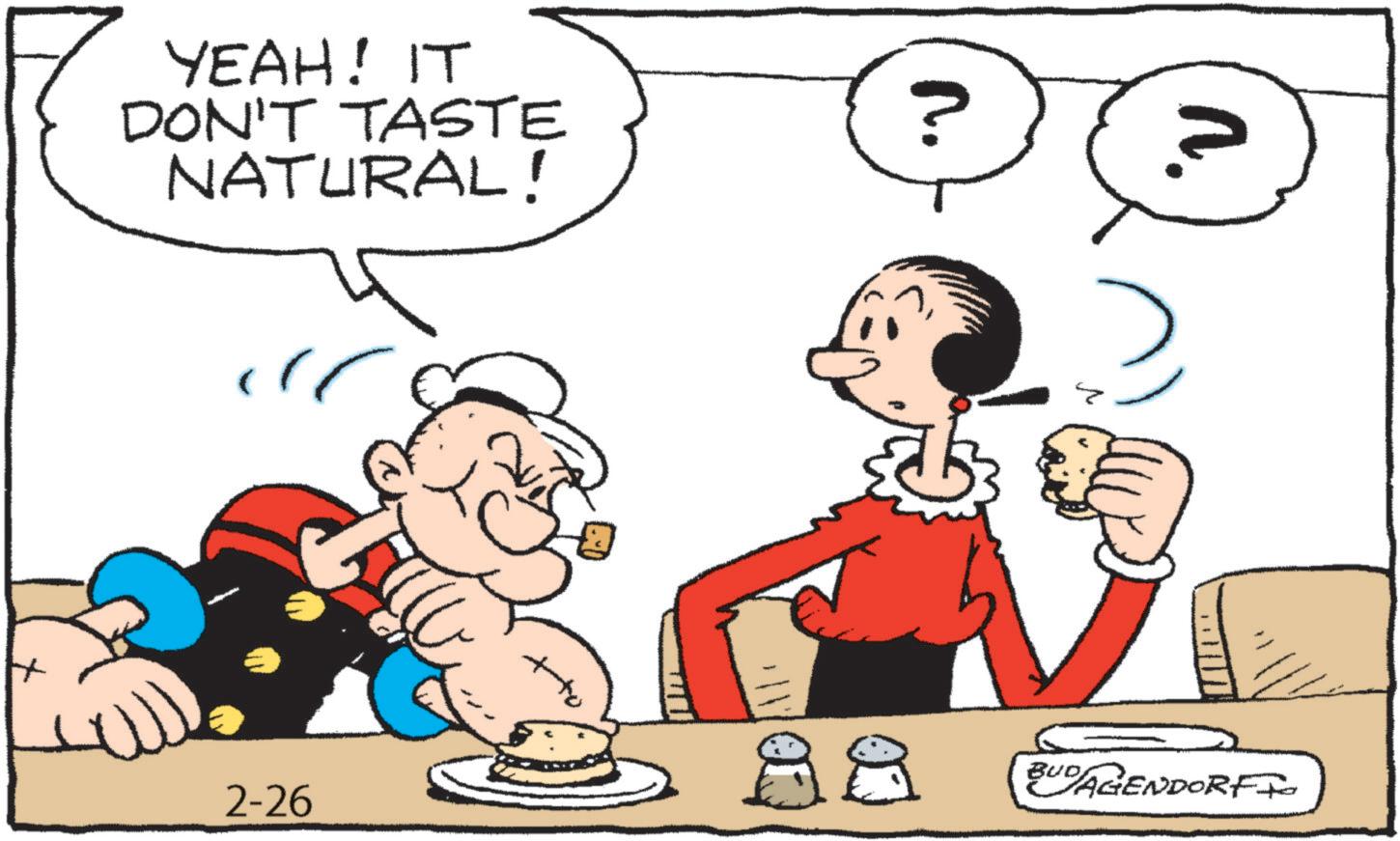 Illustration OCR: YEAH! IT DON'T TASTE NATURAL! 2-26 +to ? ?. BUD AGENDORFIC YEAH ! IT DON'T TASTE NATURAL ! 2-26 + to ? ?. BUD AGENDORFIC