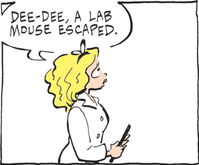 Fictional character OCR: DEE-DEEA LAB MOUSE ESCAPED. ? DEE - DEEA LAB MOUSE ESCAPED . ?