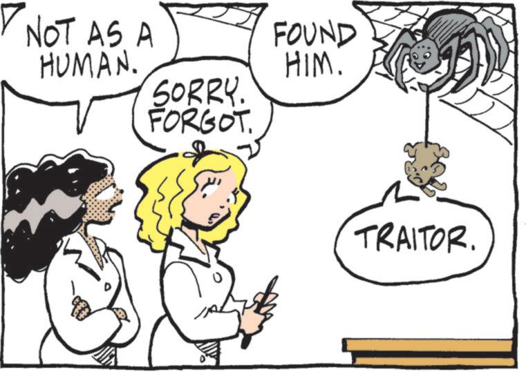 Line art OCR: ? NOT AS. A HUMAN. SORRY. FORGOT. FOUND HIM. TRAITOR. ? NOT AS . A HUMAN . SORRY . FORGOT . FOUND HIM . TRAITOR .