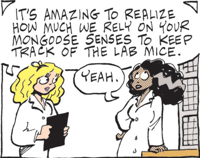 Animated cartoon OCR: IT'S AMAZING TO REALIZE HOW MUCH WE RELY ON YOUR MONGOOSE SENSES TO KEEP TRACK OF THE LAB MICE. YEAH. IT'S AMAZING TO REALIZE HOW MUCH WE RELY ON YOUR MONGOOSE SENSES TO KEEP TRACK OF THE LAB MICE . YEAH .