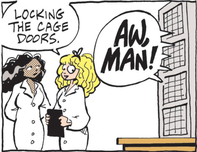 Animated cartoon OCR: ? LOCKING THE CAGE DOORS. AW MAN! D D ? LOCKING THE CAGE DOORS . AW MAN ! D D