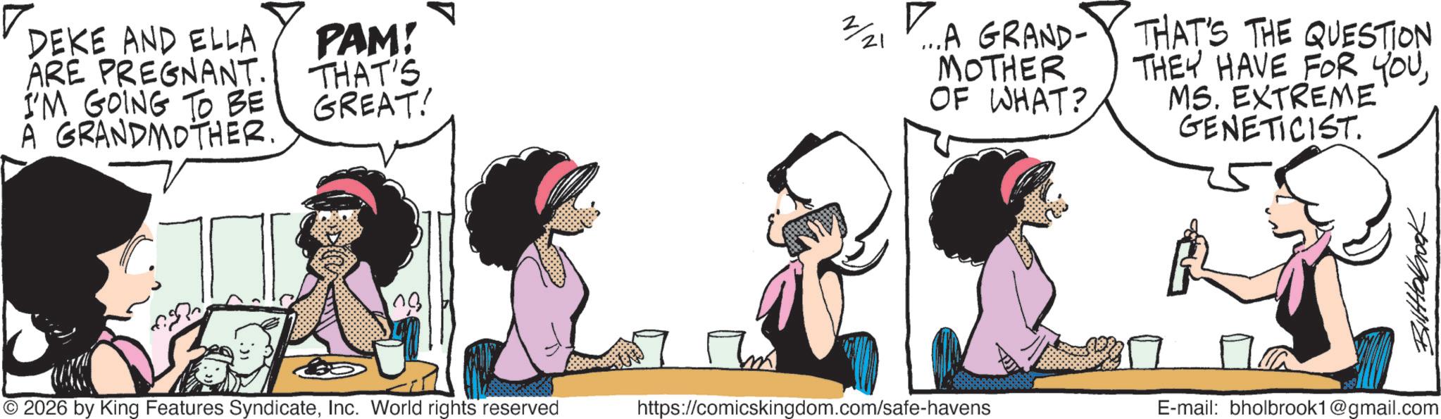 Graphics OCR: DEKE AND ELLA ARE PREGNANT. I'M GOING TO BE A GRANDMOTHER. PAM! THAT'S GREAT! 2/21 ...A GRAND-THAT'S THE QUESTION MOTHER OF WHAT? THEY HAVE FOR YOUMS. EXTREME GENETICIST. © 2026 by King Features SyndicateInc. World rights reserved https://comicskingdom.com/safe-havens E-mail: bholbrook1@gmail.com BillHolbook DEKE AND ELLA ARE PREGNANT . I'M GOING TO BE A GRANDMOTHER . PAM ! THAT'S GREAT ! 2/21 ... A GRAND - THAT'S THE QUESTION MOTHER OF WHAT ? THEY HAVE FOR YOUMS . EXTREME GENETICIST . © 2026 by King Features SyndicateInc. World rights reserved https://comicskingdom.com/safe-havens E - mail : bholbrook1@gmail.com BillHolbook