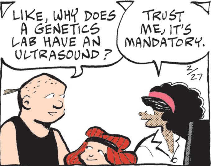 Comic book OCR: VLIKEWHY DOES A GENETICS LAB HAVE AN ULTRASOUND? TRUST MEIT'S MANDATORY. ? 27 VLIKEWHY DOES A GENETICS LAB HAVE AN ULTRASOUND ? TRUST MEIT'S MANDATORY . ? 27