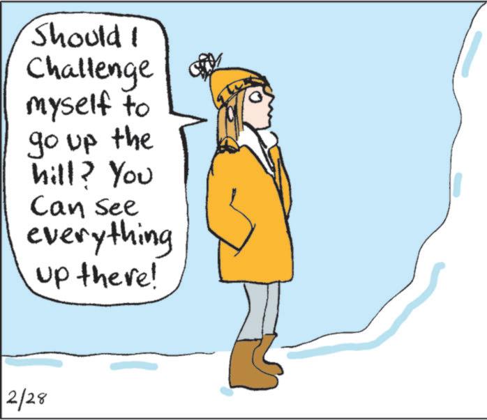 Animation OCR: Should I Challenge myself to go up the hill? You Can See everything up there! 2/28 Should I Challenge myself to go up the hill ? You Can See everything up there ! 2/28