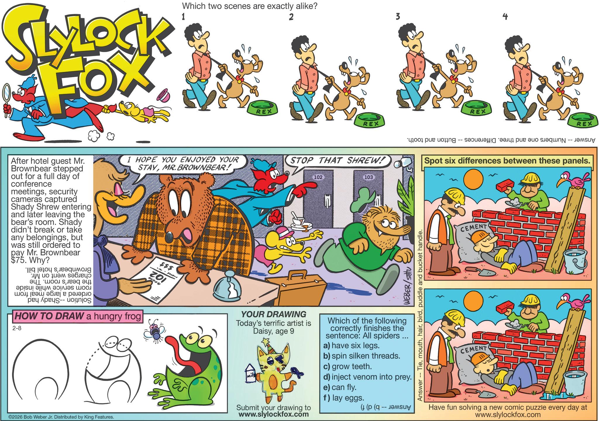 Fictional character OCR: SLOCK FOX Which two scenes are exactly alike? 1 2 3 REX REX REX REX a pa ring ????? ??? ? ??q -- ????? I HOPE YOU ENJOYED YOUR STOP THAT SHREW! Spot six differences between these panels. STAYMR.BROWNBEAR! 103 After hotel guest Mr. Brownbear stepped out for a full day of conference meetingssecurity cameras captured Shady Shrew entering and later leaving the bear's room. Shady didn't break or take any belongingsbut was still ordered to pay Mr. Brownbear $75. Why? ! | ????? ?? ?? ??????? ???? a b c ?????? ???? ? ??????? pa po HOW TO DRAW a hungry frog 2-8 ww ©2026 Bob Weber Jr. Distributed by King Features. $$$ 201 8008 102 YOUR DRAWING Today's terrific artist is Daisyage 9 Submit your drawing to www.slylockfox.com WEBER/Stu Answer -- Tiepuddle and bucket handle. Which of the following correctly finishes the sentence: All spiders ... a) have six legs. b) spin silken threads. c) grow teeth. d) inject venom into prey. e) can fly. f) lay eggs. -- CEMENT CEMENT Have fun solving a new comic puzzle every day at www.slylockfox.com SLOCK FOX Which two scenes are exactly alike ? 1 2 3 REX REX REX REX a pa ring ????? ??? ? ??q -- ????? I HOPE YOU ENJOYED YOUR STOP THAT SHREW ! Spot six differences between these panels . STAYMR.BROWNBEAR ! 103 After hotel guest Mr. Brownbear stepped out for a full day of conference meetingssecurity cameras captured Shady Shrew entering and later leaving the bear's room . Shady didn't break or take any belongingsbut was still ordered to pay Mr. Brownbear $ 75 . Why ? ! | ????? ?? ?? ??????? ???? a b c ?????? ???? ? ??????? pa po HOW TO DRAW a hungry frog 2-8 ww © 2026 Bob Weber Jr. Distributed by King Features . $$$ 201 8008 102 YOUR DRAWING Today's terrific artist is Daisyage 9 Submit your drawing to www.slylockfox.com WEBER / Stu Answer -- Tiepuddle and bucket handle . Which of the following correctly finishes the sentence : All spiders ... a ) have six legs . b ) spin silken threads . c ) grow teeth . d ) inject venom into prey . e ) can fly . f ) lay eggs . -- CEMENT CEMENT Have fun solving a new comic puzzle every day at www.slylockfox.com