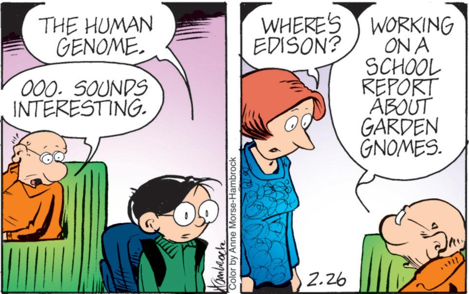 Comic book OCR: THE HUMAN GENOME. WHERE'S EDISON? WORKING ON A SCHOOL 000. SOUNDS INTERESTING. Kamback Color by Anne Morse-Hambrock 2.26 REPORT ABOUT GARDEN GNOMES. THE HUMAN GENOME . WHERE'S EDISON ? WORKING ON A SCHOOL 000. SOUNDS INTERESTING . Kamback Color by Anne Morse - Hambrock 2.26 REPORT ABOUT GARDEN GNOMES .