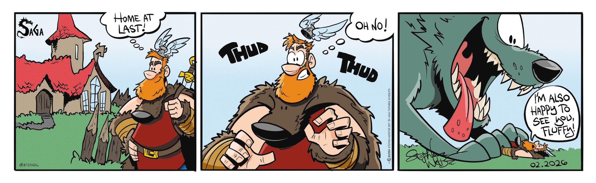 Comic book OCR: SAGA HOME AT LAST! @STEPNEAL THUD 000 OH NO! THUD 0° 0 I'M ALSO ????? ?? SEE you FLUFFY! 02.2026 SAGA HOME AT LAST ! @STEPNEAL THUD 000 OH NO ! THUD 0 ° 0 I'M ALSO ????? ?? SEE you FLUFFY ! 02.2026