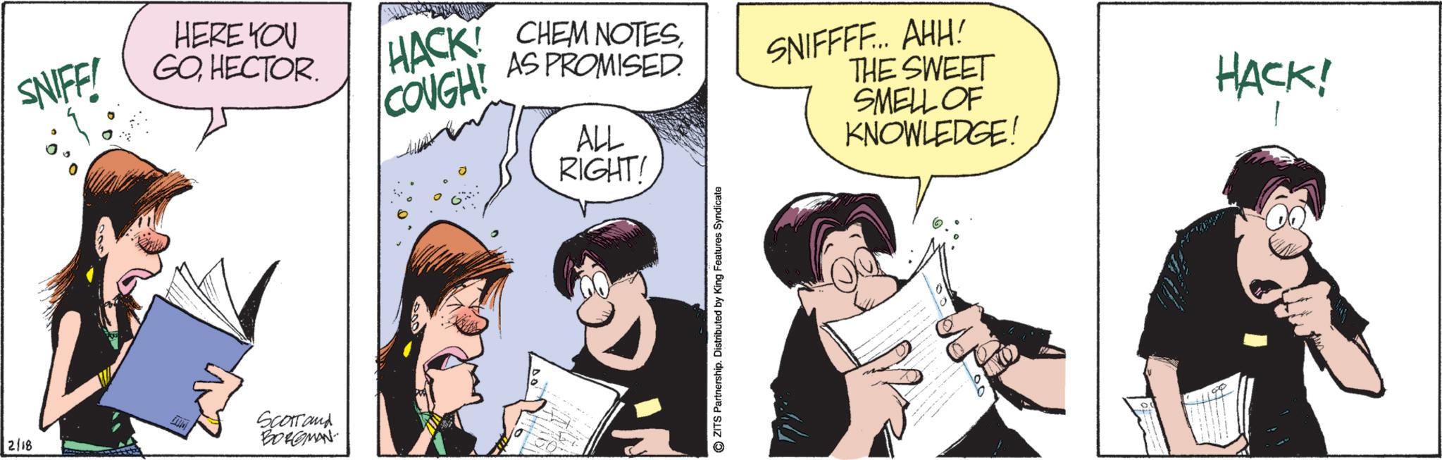 Fictional character OCR: HERE YOU SNIFF! GOHECTOR. 2/18 Scorrand BORGMAN HACK! CHEM NOTESAS PROMISED. COUGH! ALL SNIFFFF... AHH! THE SWEET SMELL OF KNOWLEDGE! RIGHT! ?ZITS Partnership. Distributed by King Features Syndicate HACK! HERE YOU SNIFF ! GOHECTOR . 2/18 Scorrand BORGMAN HACK ! CHEM NOTESAS PROMISED . COUGH ! ALL SNIFFFF ... AHH ! THE SWEET SMELL OF KNOWLEDGE ! RIGHT ! ?ZITS Partnership . Distributed by King Features Syndicate HACK !