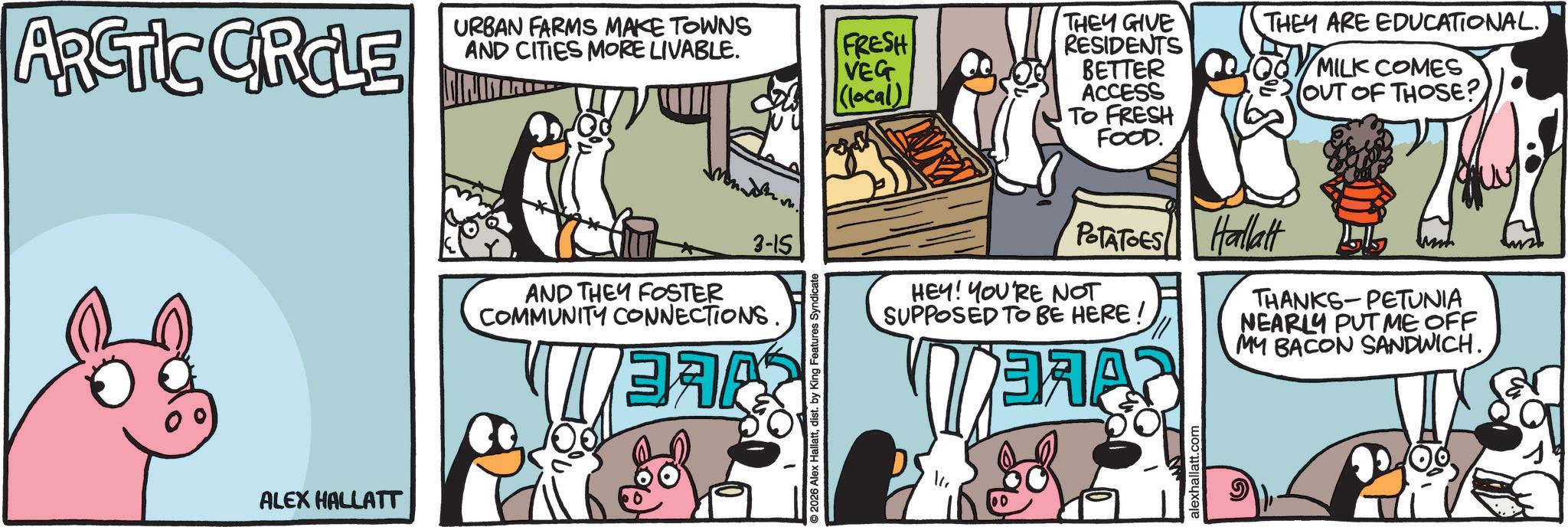 Publication OCR: ARCTIC CIRCLE 88 ALEX HALLATT URBAN FARMS MAKE TOWNS AND CITIES MORE LIVABLE. FRESH VEG City (local) 3-15 AND THEY FOSTER COMMUNITY CONNECTIONS. 2026 Alex Hallattdist. by King Features Syndicate THEY GIVE RESIDENTS BETTER ACCESS TO FRESH FOOD. THEY ARE EDUCATIONAL. MILK COMES OUT OF THOSE? POTATOES Hallatt HEY! YOU'RE NOT SUPPOSED TO BE HERE! THANKS-PETUNIA NEARLY PUT ME OFF MY BACON SANDWICH. alexhallatt.com ARCTIC CIRCLE 88 ALEX HALLATT URBAN FARMS MAKE TOWNS AND CITIES MORE LIVABLE . FRESH VEG City ( local ) 3-15 AND THEY FOSTER COMMUNITY CONNECTIONS . 2026 Alex Hallattdist . by King Features Syndicate THEY GIVE RESIDENTS BETTER ACCESS TO FRESH FOOD . THEY ARE EDUCATIONAL . MILK COMES OUT OF THOSE ? POTATOES Hallatt HEY ! YOU'RE NOT SUPPOSED TO BE HERE ! THANKS - PETUNIA NEARLY PUT ME OFF MY BACON SANDWICH . alexhallatt.com