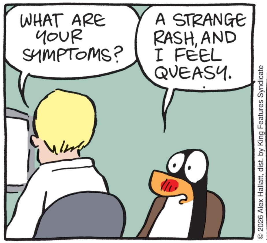 Photo caption OCR: WHAT ARE YOUR SYMPTOMS? A STRANGE RASHAND I FEEL QUEASY. 2026 Alex Hallattdist. by King Features Syndicate WHAT ARE YOUR SYMPTOMS ? A STRANGE RASHAND I FEEL QUEASY . 2026 Alex Hallattdist . by King Features Syndicate