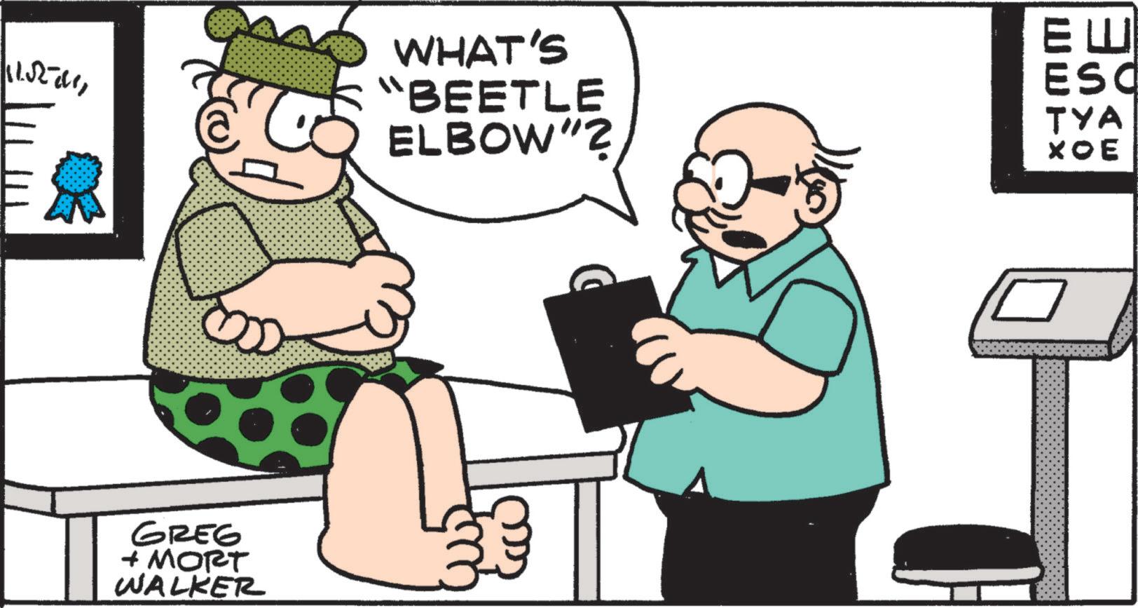 Photo caption OCR: 11.52-411GREG + MORT WALKER WHAT'S "BEETLE ELBOW"? EW ESC TYA ??? 11.52-411GREG + MORT WALKER WHAT'S " BEETLE ELBOW " ? EW ESC TYA ???
