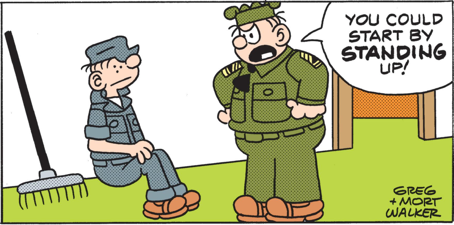 Military uniform OCR: AVLIE YOU COULD START BY STANDING GREG + MORT WALKER AVLIE YOU COULD START BY STANDING GREG + MORT WALKER
