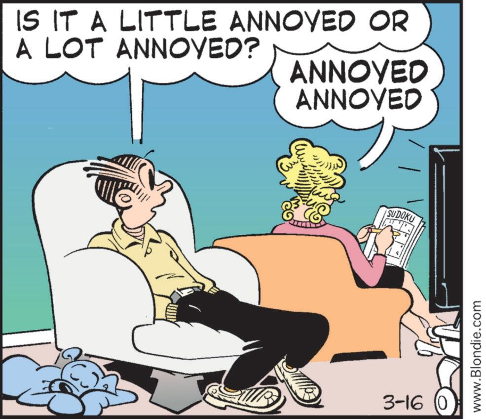 Photo caption OCR: IS IT A LITTLE ANNOYED OR A LOT ANNOYED? ANNOYED ANNOYED SUDOKU the 3-160 www.Blondie.com IS IT A LITTLE ANNOYED OR A LOT ANNOYED ? ANNOYED ANNOYED SUDOKU the 3-160 www.Blondie.com