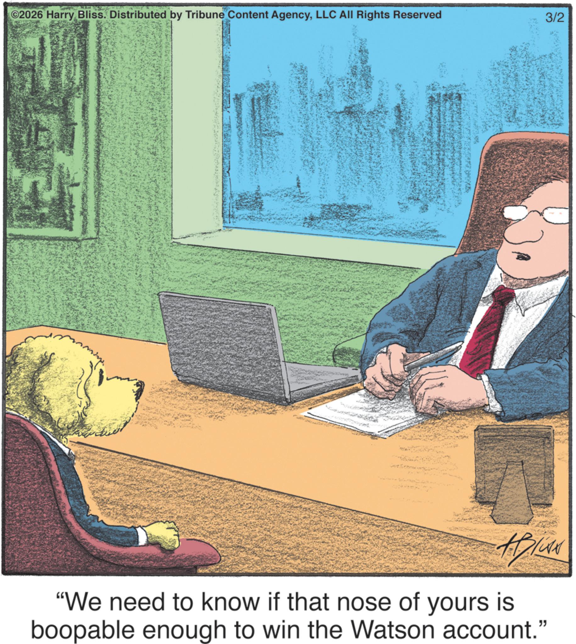 Output device OCR: ©2026 Harry Bliss. Distributed by Tribune Content AgencyLLC All Rights Reserved 3/2 "We need to know if that nose of yours is boopable enough to win the Watson account." © 2026 Harry Bliss . Distributed by Tribune Content AgencyLLC All Rights Reserved 3/2 " We need to know if that nose of yours is boopable enough to win the Watson account . "