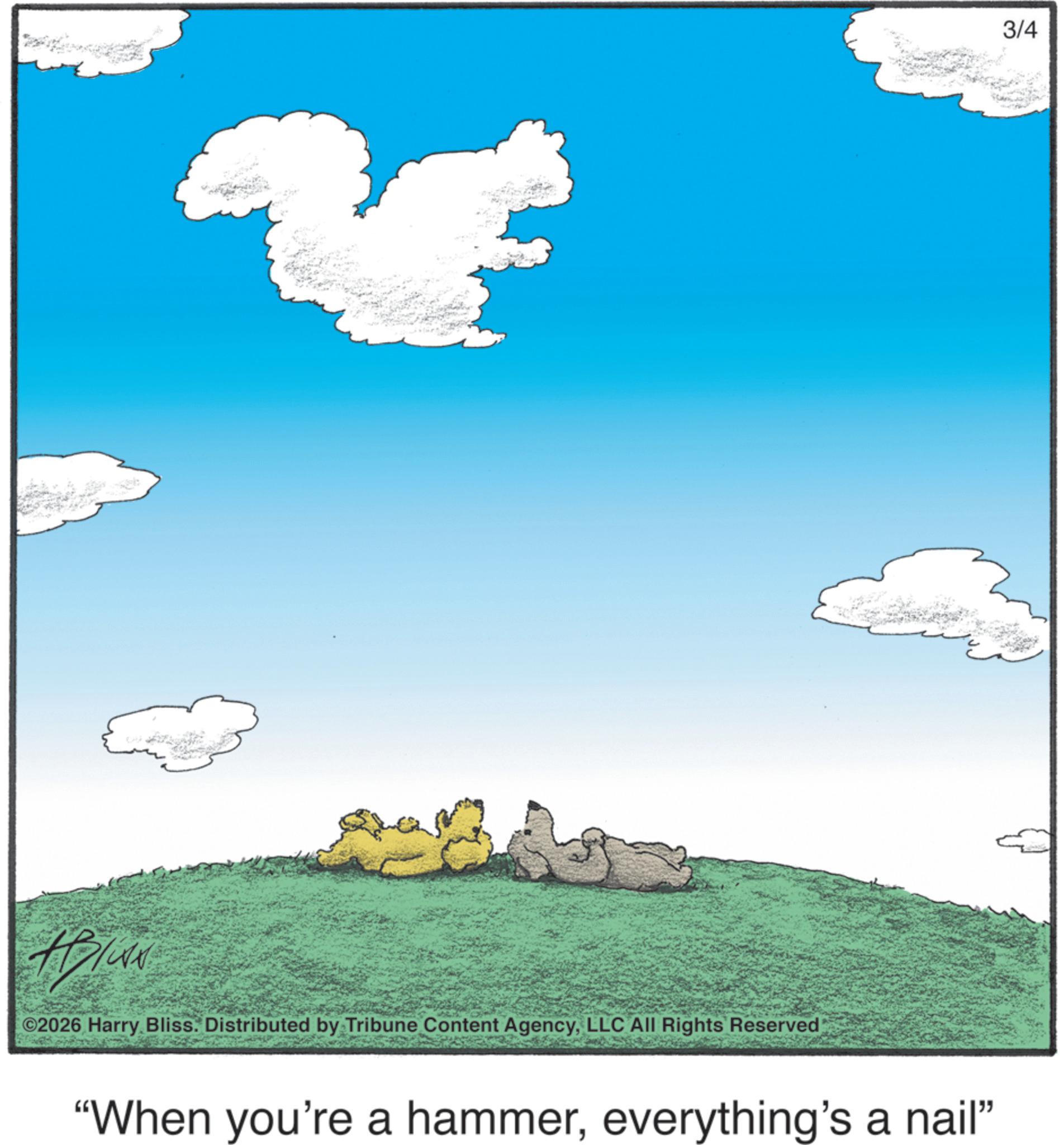 Photo caption OCR: ©2026 Harry Bliss. Distributed by Tribune Content AgencyLLC All Rights Reserved "When you're a hammereverything's a nail" 3/4 © 2026 Harry Bliss . Distributed by Tribune Content AgencyLLC All Rights Reserved " When you're a hammereverything's a nail " 3/4