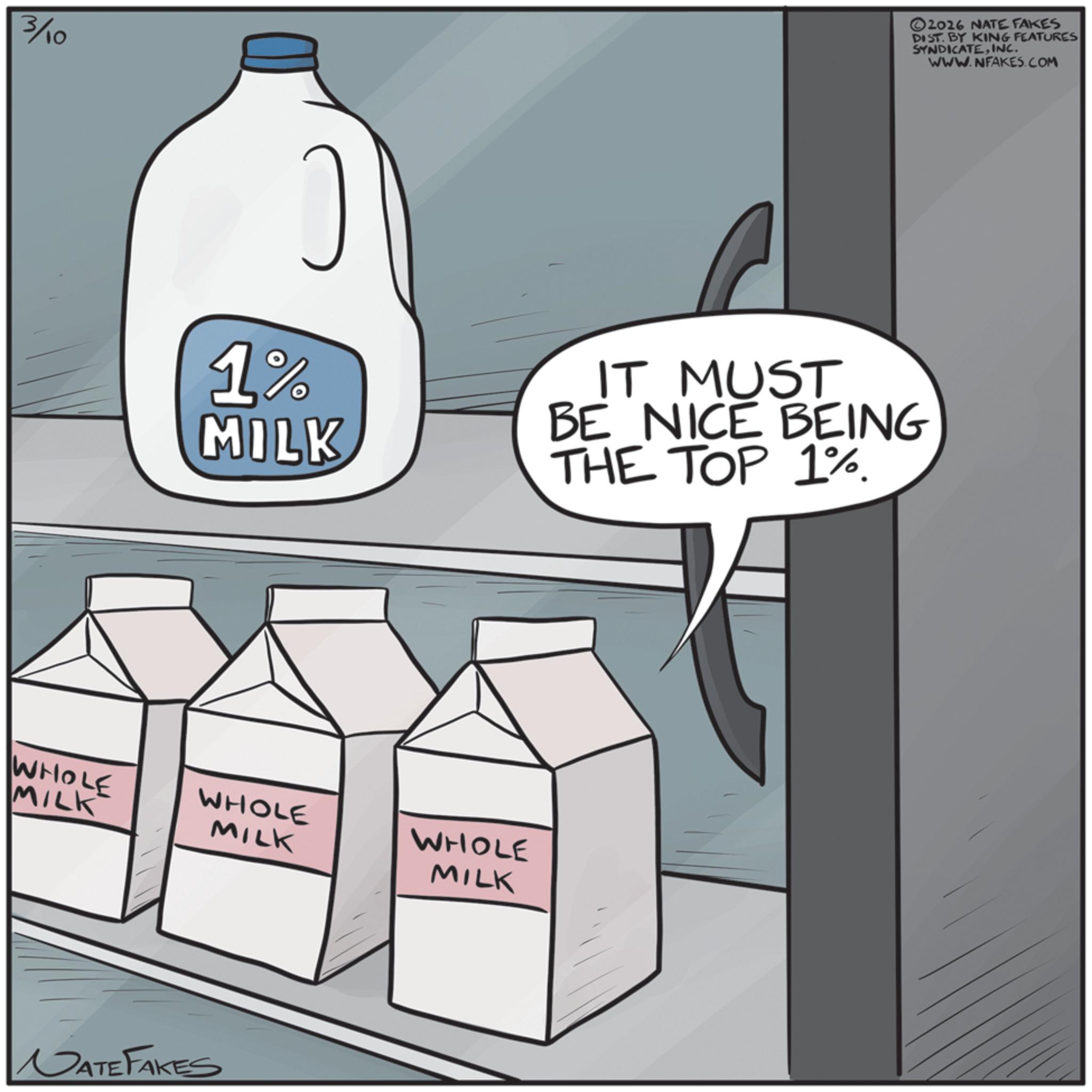 Animated cartoon OCR: 3/10 2026 NATE FAKES DIST. BY KING FEATURES SYNDICATEINC. WWW.NFAKES.COM 1% MILK IT MUST BE NICE BEING THE TOP 1% WHOLE MILK WHOLE MILK WHOLE MILK NATE FAKES 3/10 2026 NATE FAKES DIST . BY KING FEATURES SYNDICATEINC . WWW.NFAKES.COM 1 % MILK IT MUST BE NICE BEING THE TOP 1 % WHOLE MILK WHOLE MILK WHOLE MILK NATE FAKES