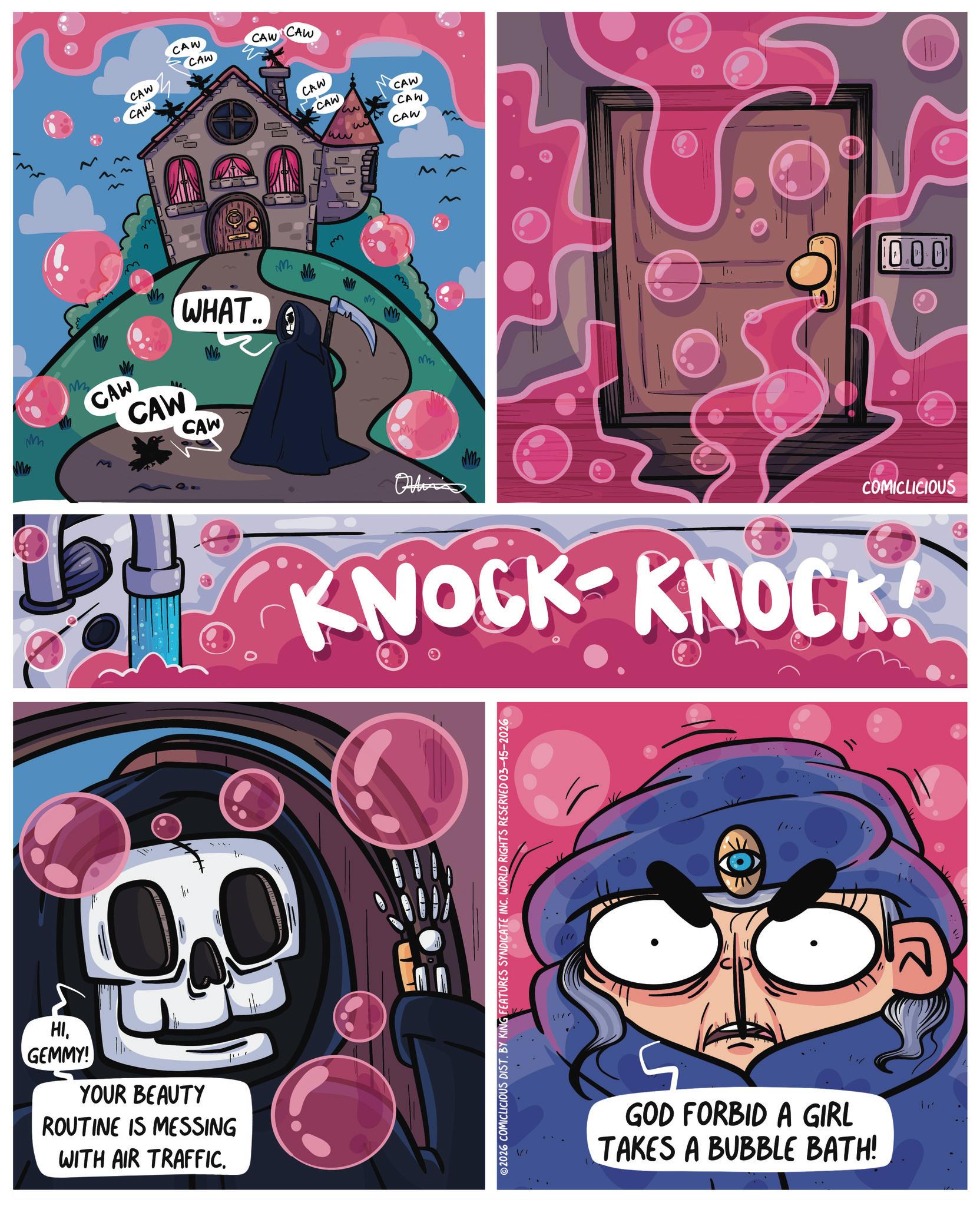 Comics OCR: M Mm CAW CAW e CAW CAW CAW CAW A CAW CAW M WHAT.. CAN CAW CAW M M HIGEMMY! YOUR BEAUTY ROUTINE IS MESSING WITH AIR TRAFFIC. CAW CAW w CAW 33 m Olina M 000 COMICLICIOUS KNOCK-KNOCK! ©2026 COMICLICIOUS DIST. BY KING FEATURES SYNDICATE INC. WORLD RIGHTS RESERVED 03-15-2026 1. GOD FORBID A GIRL TAKES A BUBBLE BATH! M Mm CAW CAW e CAW CAW CAW CAW A CAW CAW M WHAT .. CAN CAW CAW M M HIGEMMY ! YOUR BEAUTY ROUTINE IS MESSING WITH AIR TRAFFIC . CAW CAW w CAW 33 m Olina M 000 COMICLICIOUS KNOCK - KNOCK ! © 2026 COMICLICIOUS DIST . BY KING FEATURES SYNDICATE INC . WORLD RIGHTS RESERVED 03-15-2026 1 . GOD FORBID A GIRL TAKES A BUBBLE BATH !