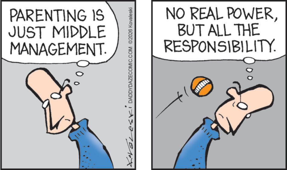 Animation OCR: PARENTING IS JUST MIDDLE MANAGEMENT. Kovaleski DADDYDAZECOMIC.COM ©2026 Kovaleski NO REAL POWERBUT ALL THE RESPONSIBILITY. 00 PARENTING IS JUST MIDDLE MANAGEMENT . Kovaleski DADDYDAZECOMIC.COM © 2026 Kovaleski NO REAL POWERBUT ALL THE RESPONSIBILITY . 00