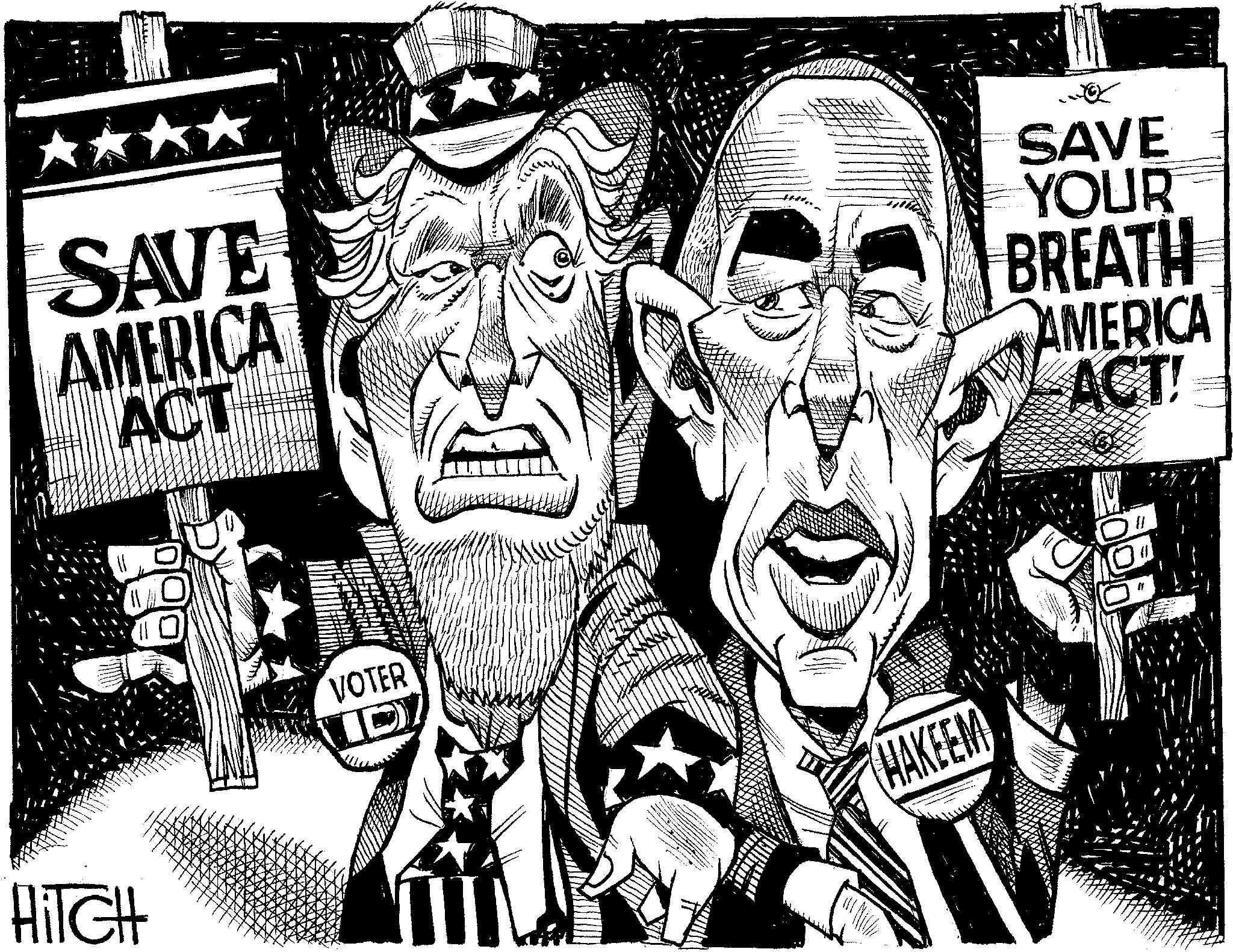 Graphic design OCR: SAVE AMERICA ACT SAVE YOUR BREATH AMERICA ACT! HITCH NN VOTER HAKEEM SAVE AMERICA ACT SAVE YOUR BREATH AMERICA ACT ! HITCH NN VOTER HAKEEM