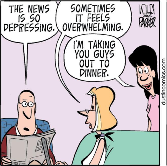 Animation OCR: THE NEWS 15 50 SOMETIMES IT FEELS DEPRESSING. OVERWHELMING. I'M TAKING YOU GUYS OUT TO DINNER. KILLN and PARKER dustincomics.com THE NEWS 15 50 SOMETIMES IT FEELS DEPRESSING . OVERWHELMING . I'M TAKING YOU GUYS OUT TO DINNER . KILLN and PARKER dustincomics.com