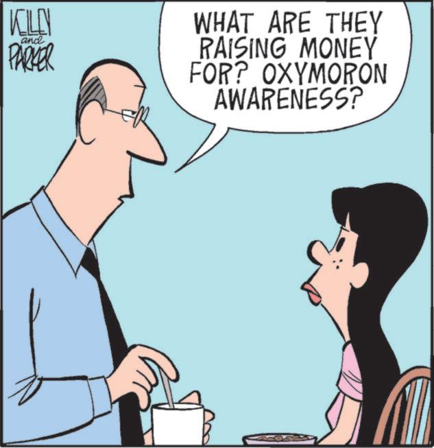 Photo caption OCR: KELLY and PARKER WHAT ARE THEY RAISING MONEY FOR? OXYMORON AWARENESS? KELLY and PARKER WHAT ARE THEY RAISING MONEY FOR ? OXYMORON AWARENESS ?