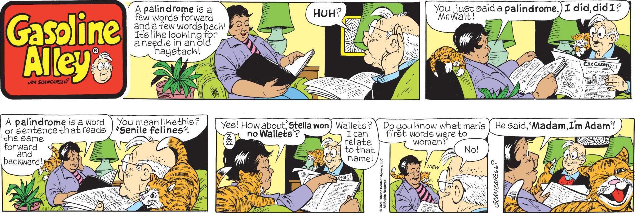 Gesture OCR: Gasoline Alley JIM SCANCARELLI A palindrome is a few words forward and a few words back! It's like looking for a needle in an old haystack! HUH? You just said a palindromedid I? Mr. Walt! The Gasette A palindrome is a word or sentence that reads the same forward and backward! You mean likethis? Senile felines"! Yes! How about Stella won) Wallets? no Wallets'? 22 I can relate to that name! Do you know what man's He saidI'm Adam" first words were to woman? MEW No! sette 2026 Tribune Content AgencyI All Rights Reserved Res SCANCARELLI Gasoline Alley JIM SCANCARELLI A palindrome is a few words forward and a few words back ! It's like looking for a needle in an old haystack ! HUH ? You just said a palindrome) I diddid I ? Mr. Walt ! The Gasette A palindrome is a word or sentence that reads the same forward and backward ! You mean likethis ? Senile felines " ! Yes ! How about Stella won ) Wallets ? no Wallets ' ? 22 I can relate to that name ! Do you know what man's He said' MadamI'm Adam " first words were to woman ? MEW No ! sette 2026 Tribune Content AgencyI All Rights Reserved Res SCANCARELLI