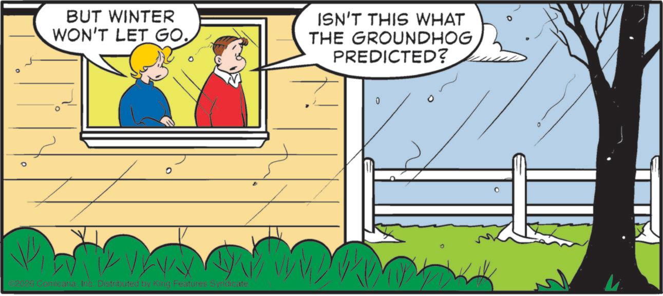 Fence OCR: BUT WINTER WON'T LET GO. ISN'T THIS WHAT THE GROUNDHOG PREDICTED? 2026 ComicanaInc. Distributed by King Features Syndicate. 0 BUT WINTER WON'T LET GO . ISN'T THIS WHAT THE GROUNDHOG PREDICTED ? 2026 ComicanaInc. Distributed by King Features Syndicate . 0