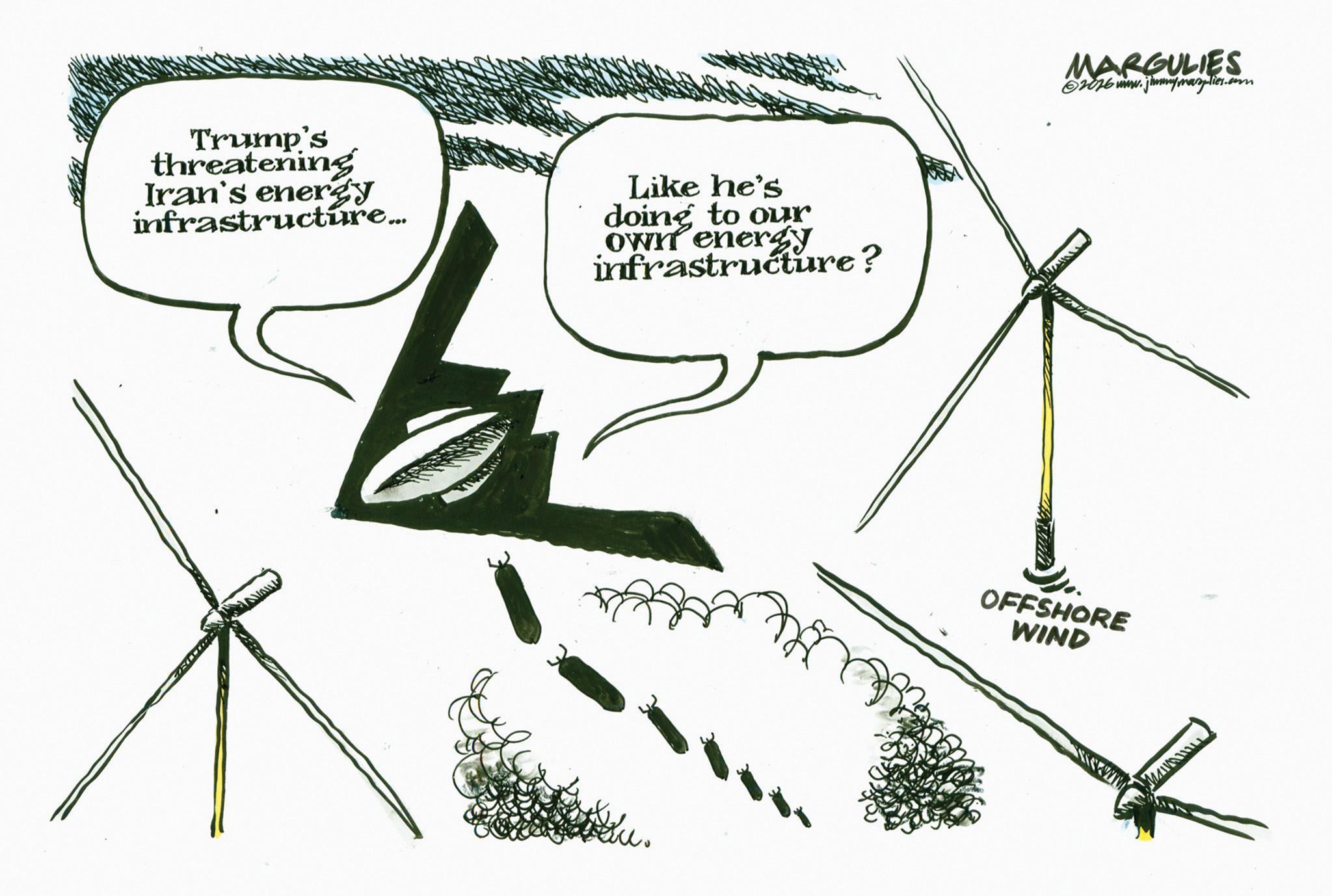 Graphics OCR: Trump's threatening Iran's energy infrastructure... Like he's doing to our own energy infrastructure? MARGULIES 2016 www.jimmymagplies.com OFFSHORE WIND Trump's threatening Iran's energy infrastructure ... Like he's doing to our own energy infrastructure ? MARGULIES 2016 www.jimmymagplies.com OFFSHORE WIND