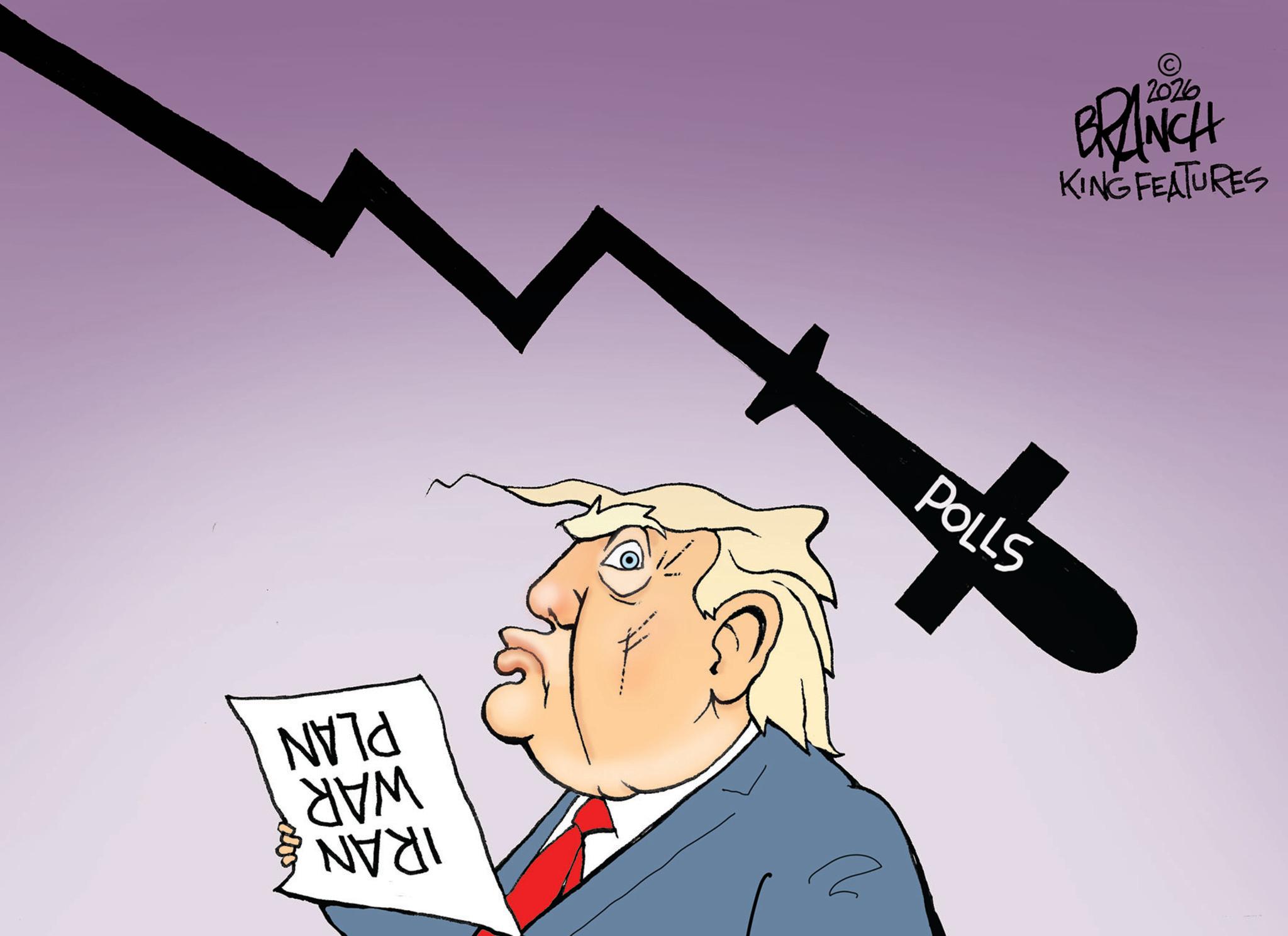 Animated cartoon OCR: © BRANCH KING FEATURES PLAN WAR IRAN. POLLS © BRANCH KING FEATURES PLAN WAR IRAN . POLLS
