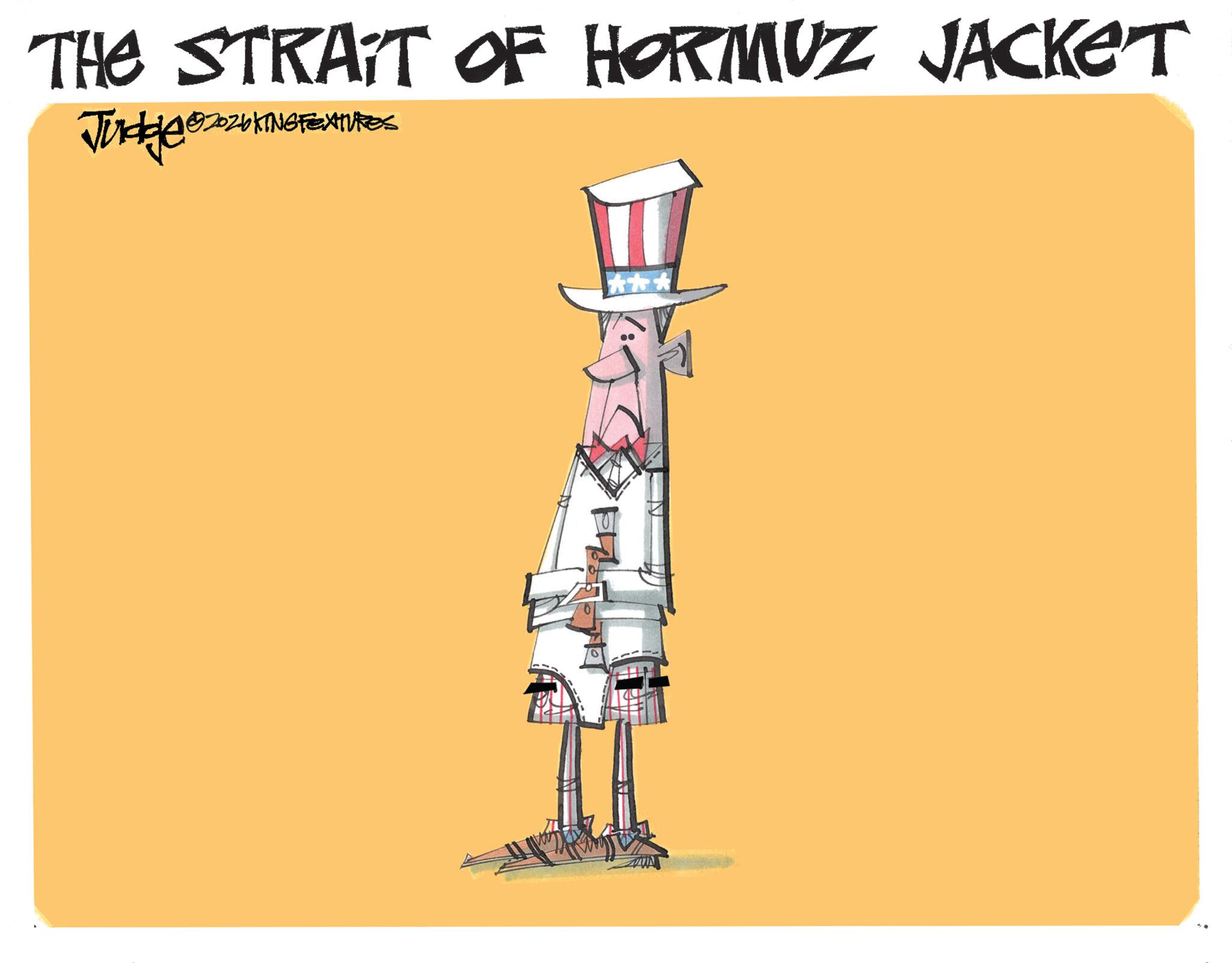 Graphic design OCR: THE STRAIT OF HORMUZ JACKET 2026KING FEATURES Judge 26 THE STRAIT OF HORMUZ JACKET 2026KING FEATURES Judge 26
