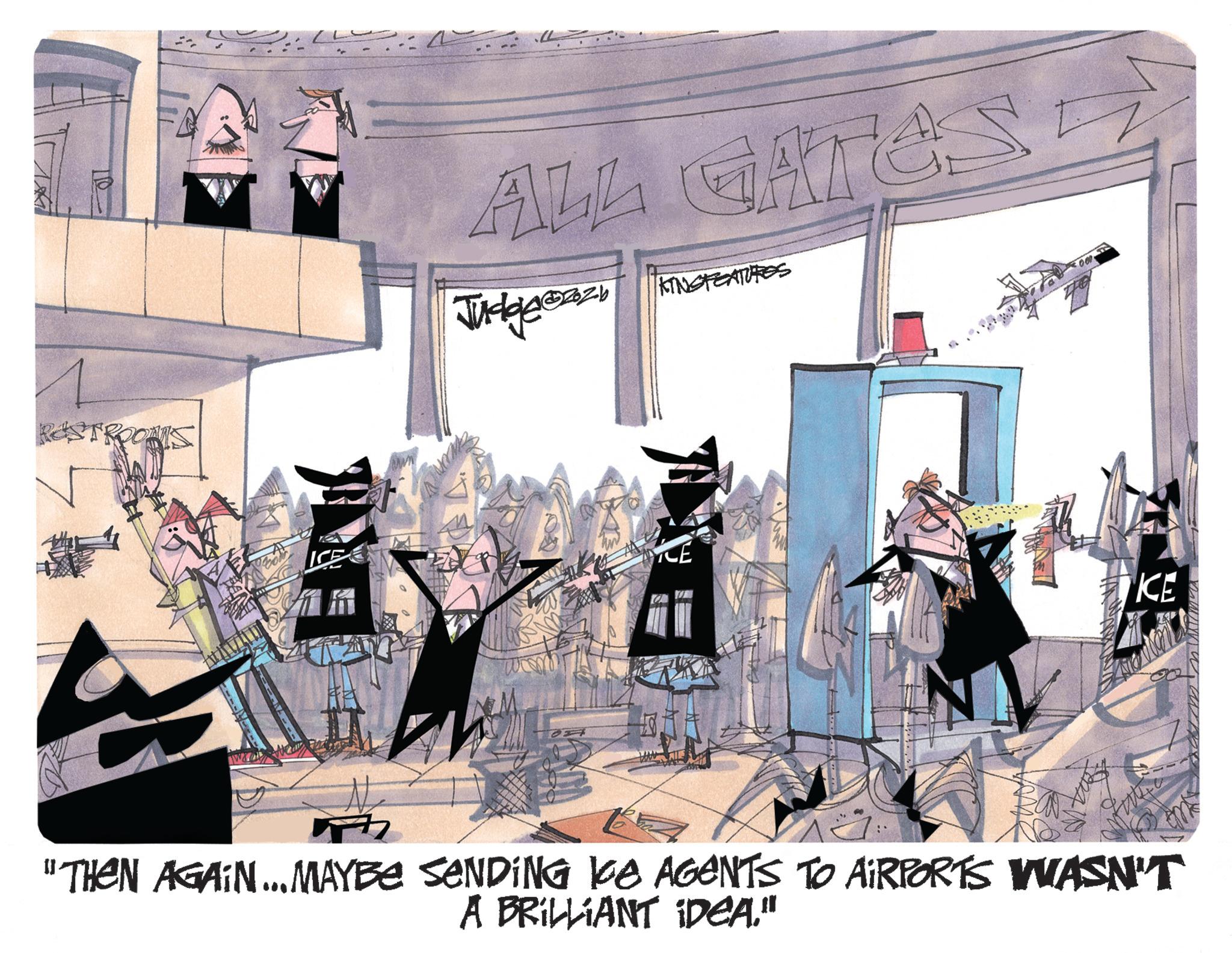 Animated cartoon OCR: ROOMS W ALL GATES KINGFEATURES JU CE KE "THEN AGAIN... MAYBE SENDING KE AGENTS TO AIRPORTS WASN'T A BRILLIANT IDEA." ROOMS W ALL GATES KINGFEATURES JU CE KE " THEN AGAIN ... MAYBE SENDING KE AGENTS TO AIRPORTS WASN'T A BRILLIANT IDEA . "