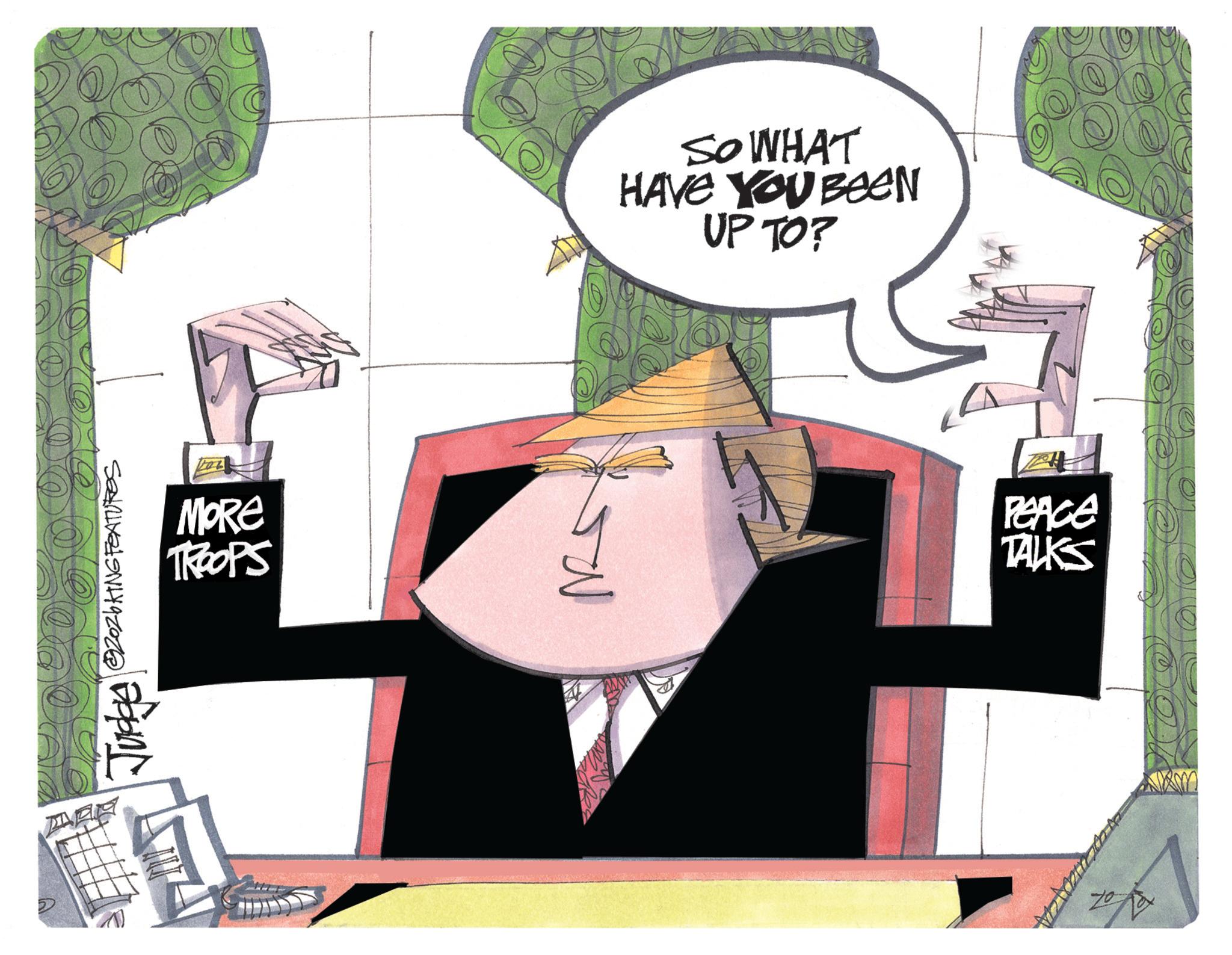 Animated cartoon OCR: ?Z0ZbKING FEATURES Popint MORE TROOPS SO WHAT HAVE YOU BEEN UP TO? PEACE TALKS ?Z0ZbKING FEATURES Popint MORE TROOPS SO WHAT HAVE YOU BEEN UP TO ? PEACE TALKS