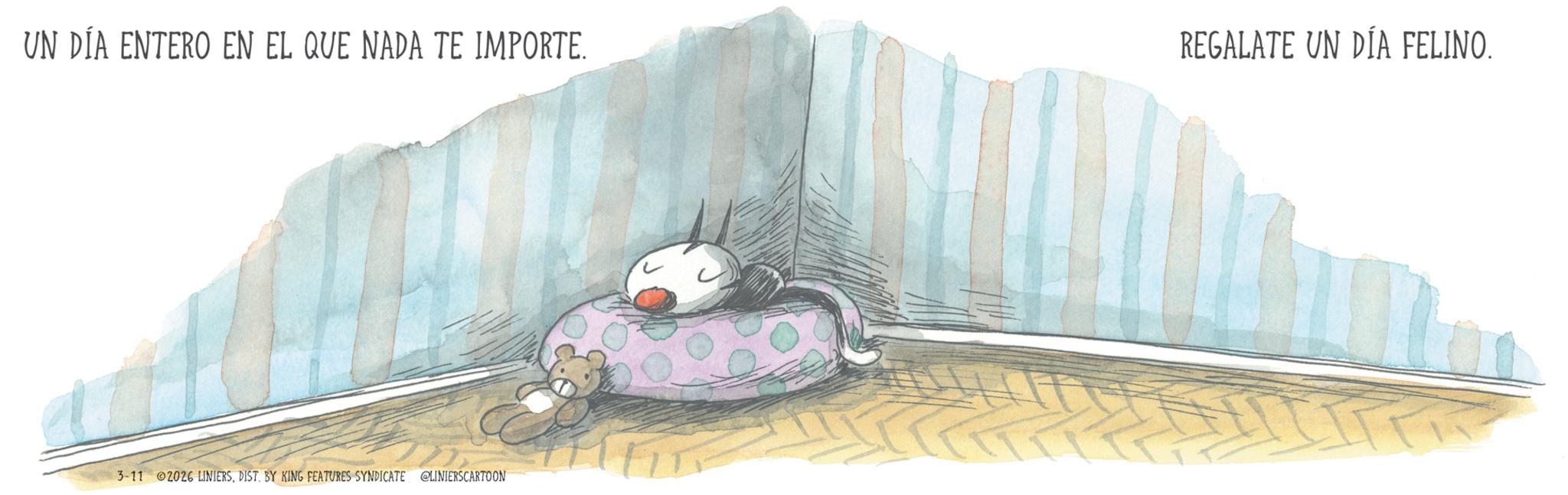 Animation OCR: UN DÍA ENTERO EN EL QUE NADA TE IMPORTE. 3-11 2026 LINIERSDIST. BY KING FEATURES SYNDICATE @LINIERSCARTOON REGALATE UN DÍA FELINO. UN DÍA ENTERO EN EL QUE NADA TE IMPORTE . 3-11 2026 LINIERSDIST . BY KING FEATURES SYNDICATE @LINIERSCARTOON REGALATE UN DÍA FELINO .