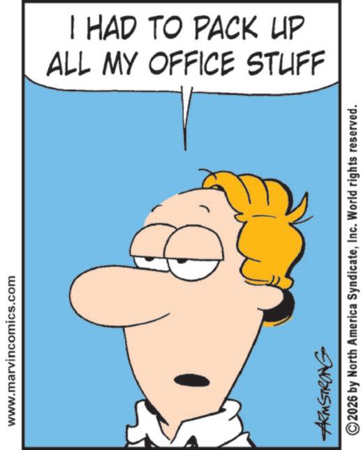 Photo caption OCR: www.marvincomics.com ALL MY OFFICE STUFF I HAD TO PACK UP ARMSTRONG ©2026 by North America SyndicateInc. World rights reserved. www.marvincomics.com ALL MY OFFICE STUFF I HAD TO PACK UP ARMSTRONG © 2026 by North America SyndicateInc. World rights reserved .