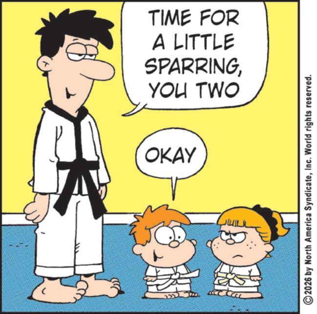 Fictional character OCR: ?? ? OKAY YOU TWO SPARRINGA LITTLE TIME FOR ©2026 by North America SyndicateInc. World rights reserved. ?? ? OKAY YOU TWO SPARRINGA LITTLE TIME FOR © 2026 by North America SyndicateInc. World rights reserved .