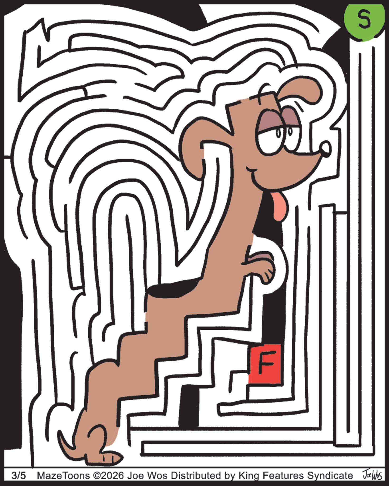 Line art OCR: S F 3/5 Maze Toons ©2026 Joe Wos Distributed by King Features Syndicate Jobs S F 3/5 Maze Toons © 2026 Joe Wos Distributed by King Features Syndicate Jobs