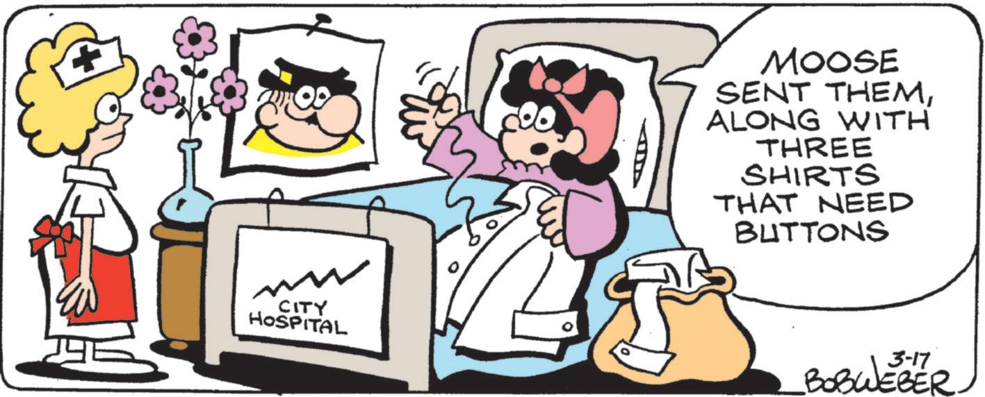 Photo caption OCR: CITY HOSPITAL MOOSE SENT THEMALONG WITH THREE SHIRTS THAT NEED BUTTONS 3-17 BOBWEBER CITY HOSPITAL MOOSE SENT THEMALONG WITH THREE SHIRTS THAT NEED BUTTONS 3-17 BOBWEBER