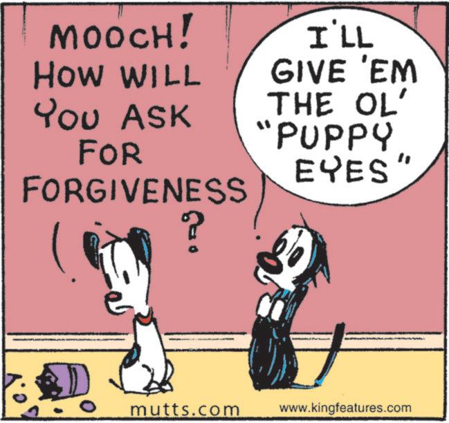 Canidae OCR: MOOCH! HOW WILL I'LL GIVE 'EM You ASK THE OL' "PUPPY FOR EYES FORGIVENESS mutts.com www.kingfeatures.com MOOCH ! HOW WILL I'LL GIVE ' EM You ASK THE OL ' " PUPPY FOR EYES FORGIVENESS mutts.com www.kingfeatures.com