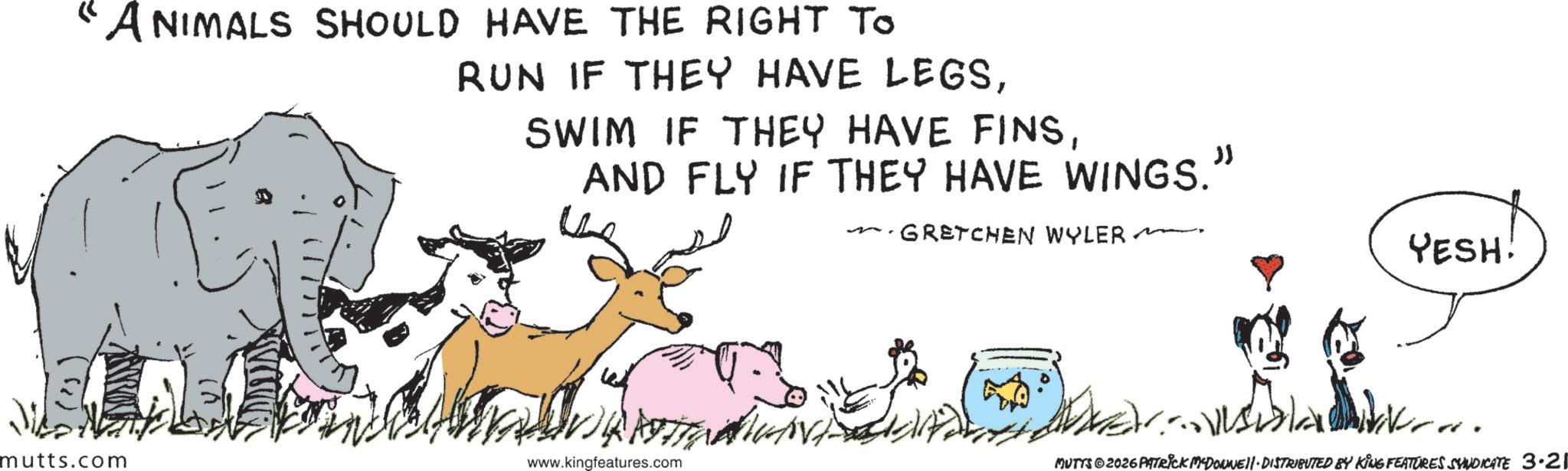 Pack animal OCR: ANIMALS SHOULD HAVE THE RIGHT TO RUN IF THEY HAVE LEGSAND FLY IF THEY HAVE WINGS." GRETCHEN WYLER ARO mutts.com YESH! www.kingfeatures.com MUTTS©2026 PATRICK MCDONNEll · DISTRIBUTED BY KING FEATURES SYNDICATE 3.21 ANIMALS SHOULD HAVE THE RIGHT TO RUN IF THEY HAVE LEGSSWIM IF THEY HAVE FINSAND FLY IF THEY HAVE WINGS . " GRETCHEN WYLER ARO mutts.com YESH ! www.kingfeatures.com MUTTS © 2026 PATRICK MCDONNEll · DISTRIBUTED BY KING FEATURES SYNDICATE 3.21