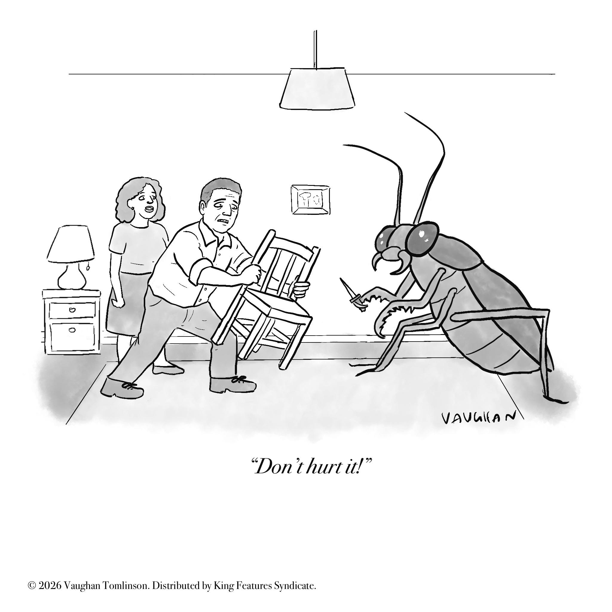Arthropod OCR: "Don't hurt it!" VAUGHAN © 2026 Vaughan Tomlinson. Distributed by King Features Syndicate. " Don't hurt it ! " VAUGHAN © 2026 Vaughan Tomlinson . Distributed by King Features Syndicate .