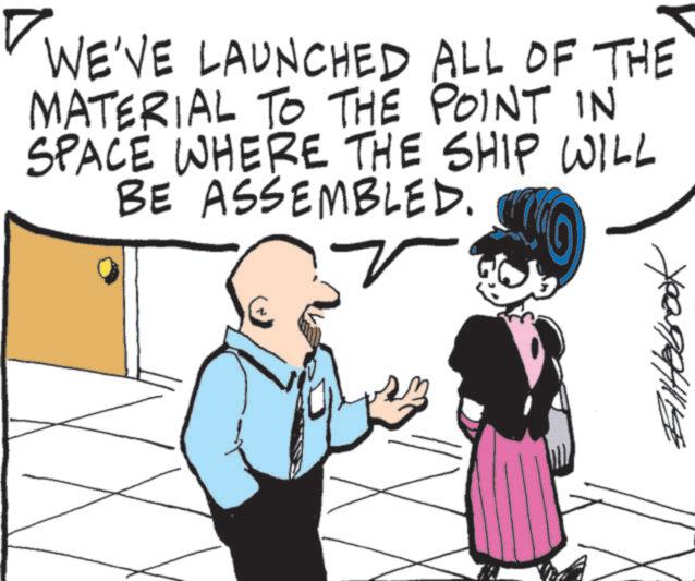 Animated cartoon OCR: WE'VE LAUNCHED ALL OF THE MATERIAL TO THE POINT IN SPACE WHERE THE SHIP WILL BE ASSEMBLED. Filtebrook WE'VE LAUNCHED ALL OF THE MATERIAL TO THE POINT IN SPACE WHERE THE SHIP WILL BE ASSEMBLED . Filtebrook