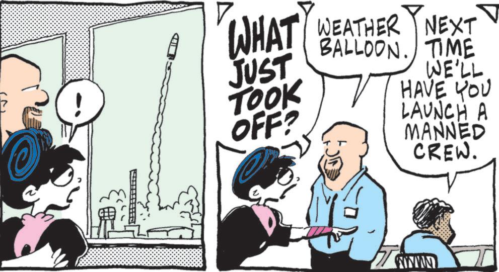 Animated cartoon OCR: WHAT WEATHER NEXT BALLOON. TIME JUST TOOK OFF? WE'LL HAVE YOU LAUNCH A MANNED CREW. WHAT WEATHER NEXT BALLOON . TIME JUST TOOK OFF ? WE'LL HAVE YOU LAUNCH A MANNED CREW .