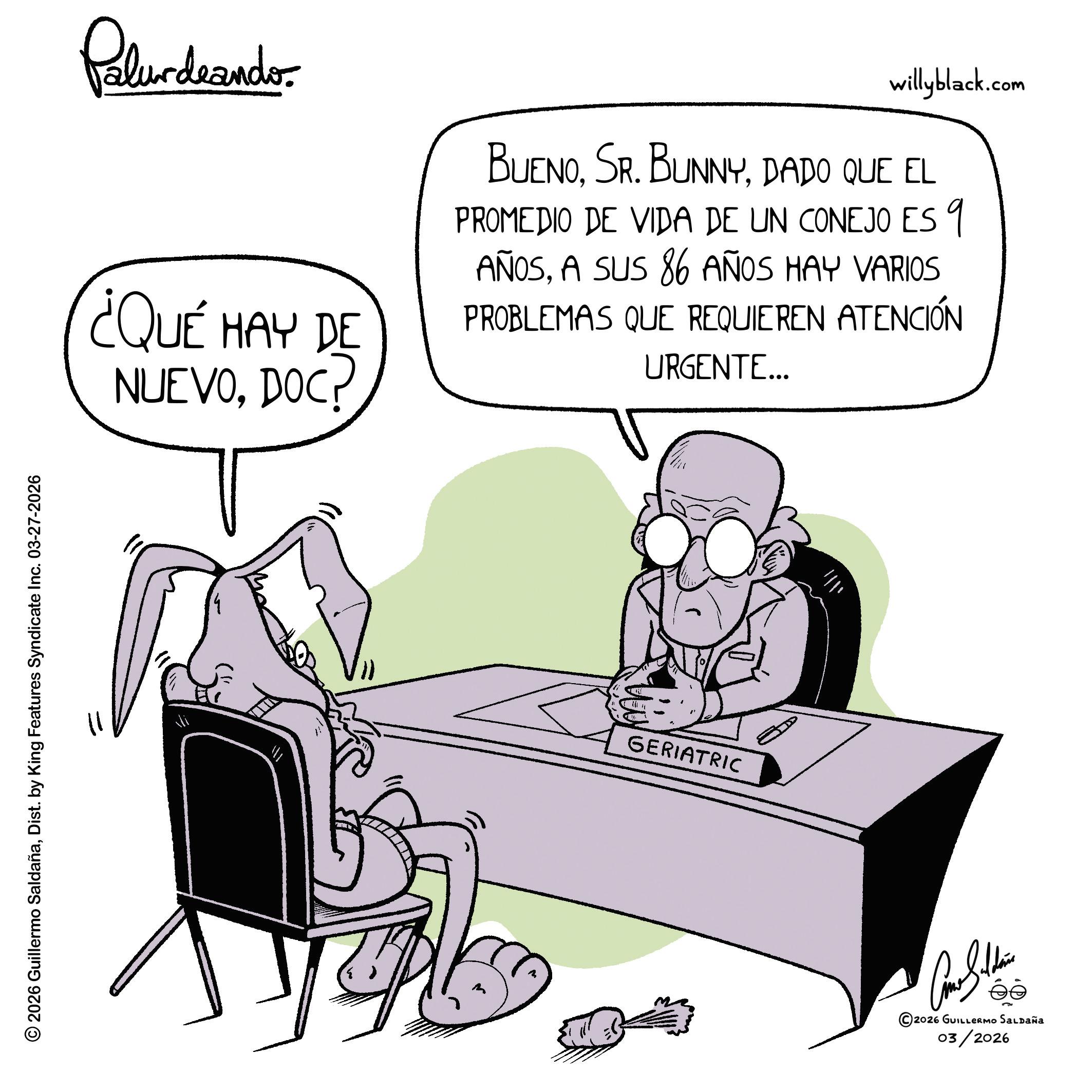 Photo caption OCR: © 2026 Guillermo SaldañaDist. by King Features Syndicate Inc. 03-27-2026 Pelundaando ¿QUÉ HAY DE NUEVODOC willyblack.com BUENODADO QUE EL PROMEDIO DE VIDA DE UN CONEJO ES 9 AÑOSA SUS 86 AÑOS HAY VARIOS PROBLEMAS QUE REQUIEREN ATENCIÓN URGENTE... GERIATRIC Car Stere éo 2026 GUILLERMO SALDAÑA 03/2026 © 2026 Guillermo SaldañaDist . by King Features Syndicate Inc. 03-27-2026 Pelundaando ¿ QUÉ HAY DE NUEVODOC willyblack.com BUENOSR . BUNNYDADO QUE EL PROMEDIO DE VIDA DE UN CONEJO ES 9 AÑOSA SUS 86 AÑOS HAY VARIOS PROBLEMAS QUE REQUIEREN ATENCIÓN URGENTE ... GERIATRIC Car Stere éo 2026 GUILLERMO SALDAÑA 03/2026